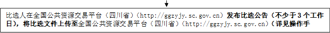 比選人在全國公共資源交易平臺（四川省）（http://ggzyjy.sc.gov.cn）發布比選公告（不少于3個工作日），將比選文件上傳至全國公共資源交易平臺（四川省）（http://ggzyjy.sc.gov.cn）（詳見操作手冊）。

